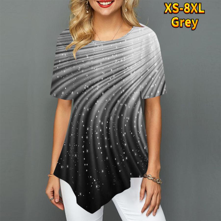 Damen Bedruckt Rundhals 3D Sternenhimmel Glänzend Kontraststreifen Trendy Luxuriös Spitzröcke Schwingend Kurzärmlig Damen S-8XL