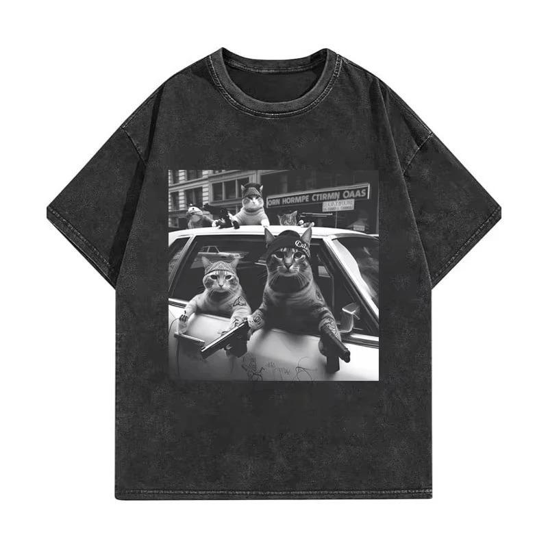 Retro Acid Washed Oversized Streetwear Graphic T-Shirt Featuring Anthropomorphic Gangster Mob Cats In Urban Retro Crime Car Scene