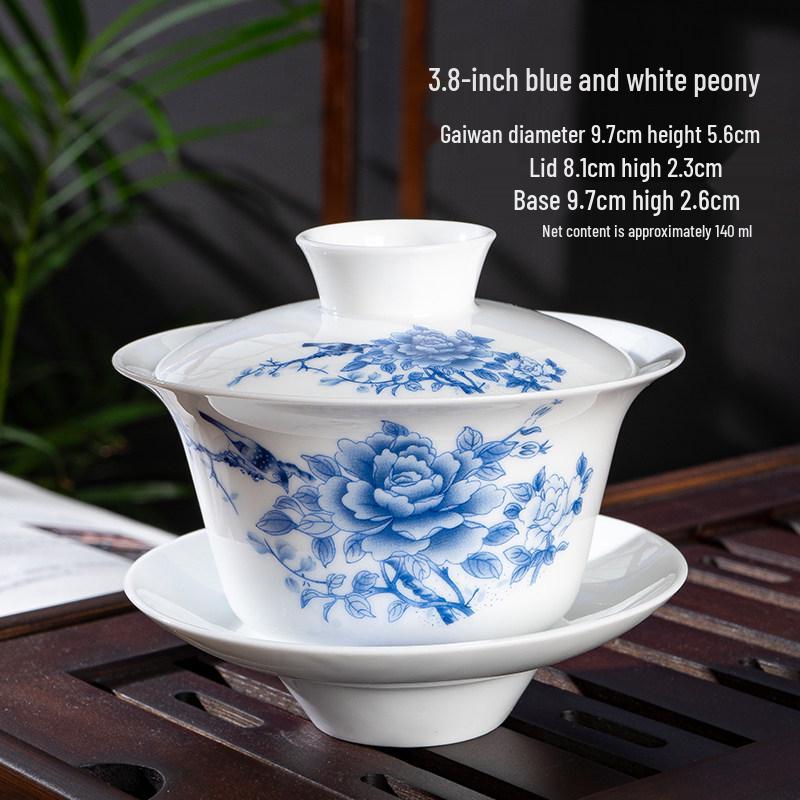 Chaozhou Blue and White Porcelain Gongfu Tea Set: Gaiwan, Mini Tea Cup, and Bowl