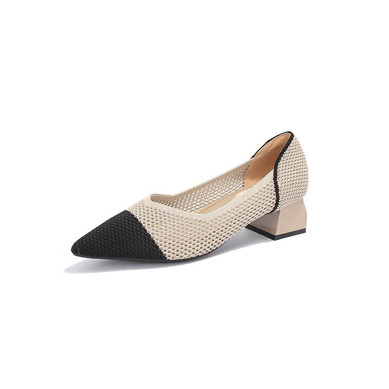 Spring and summer hollow flying knitting breathable knitting women's shoes pointed thick heel medium heel single shoes