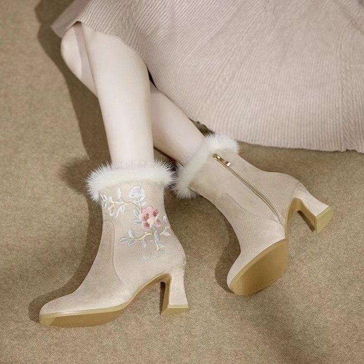 Embroidered Flower Women Leather Ankle Booties High Heeled Fur Lined Vintage Winter Boots for Ladies Short Boot
