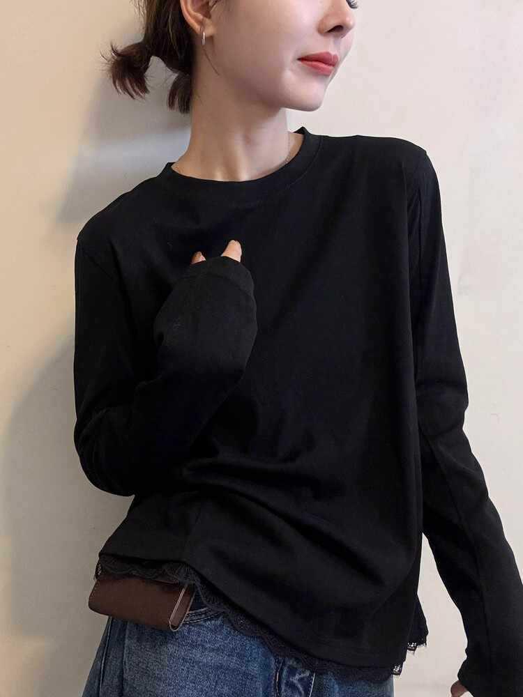 Korean Style Women's Black Round Neck Long Sleeve T-shirt - Simple Casual Base Layer for Spring/Autumn 2025