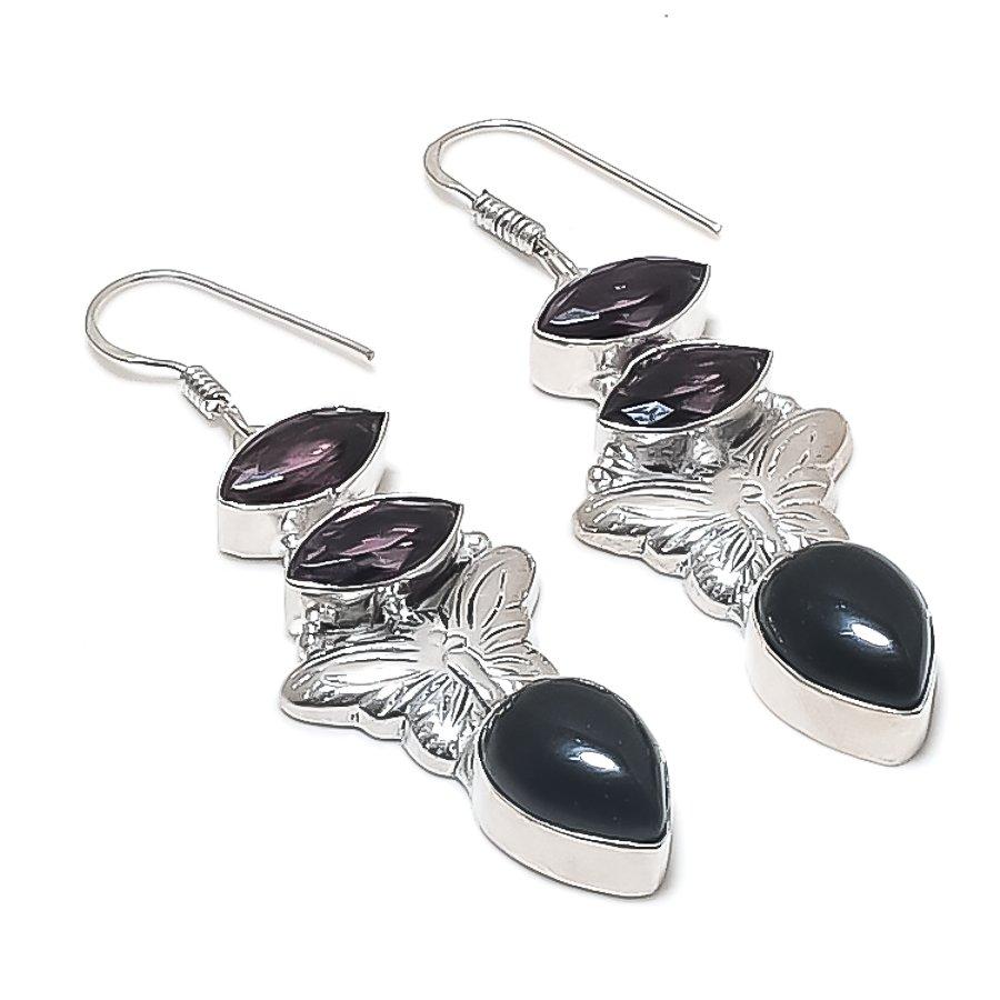 Natural Black Onyx, Amethyst Gemstone 925 Sterling Silver Earring 2.36" t5Z86