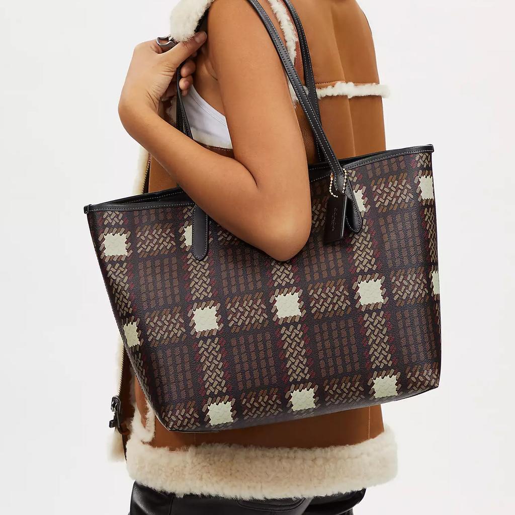 Coach City 33 Plaid Print Logo Large Capacity Coated Canvas And Leather Tote Bag Women Tote Bags Brown CM162-IMBMC
