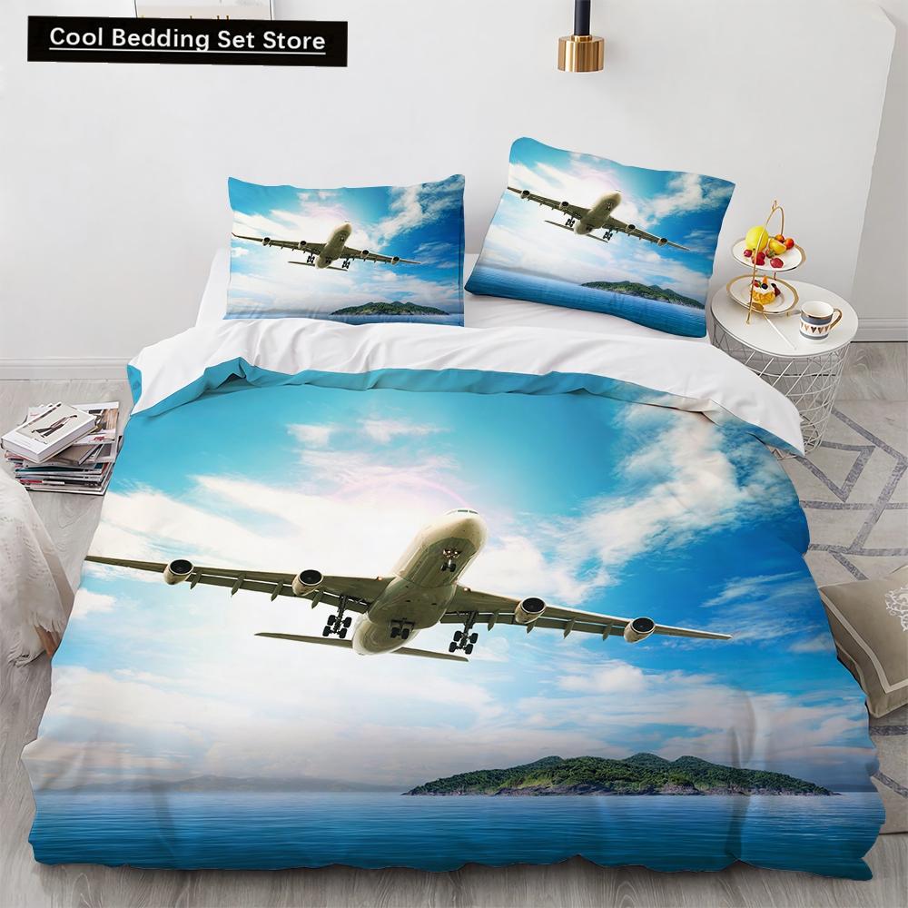 3D Airplane King Queen Duvet Cover Pink Airliner Bedding Set for Adults Sky Sea Natural Landscape 2/3pcs Polyester Quilt Cover