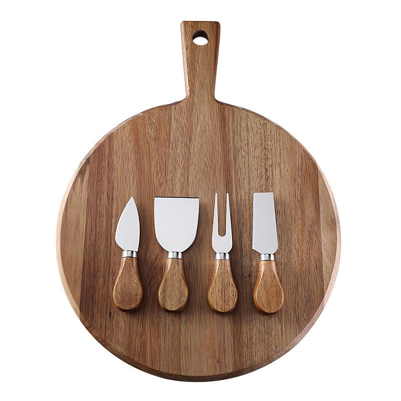 New Acacia Wood Round Charcuterie Board Cheese Serving Platter with Handle Design and 1.5cm Thickness Knife Set about 40x30cm
