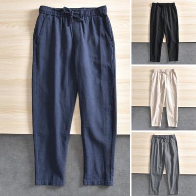 Men Pants with Side Pockets Drawstring Elastic Waist Straight Loose Pure Color Daily Sport