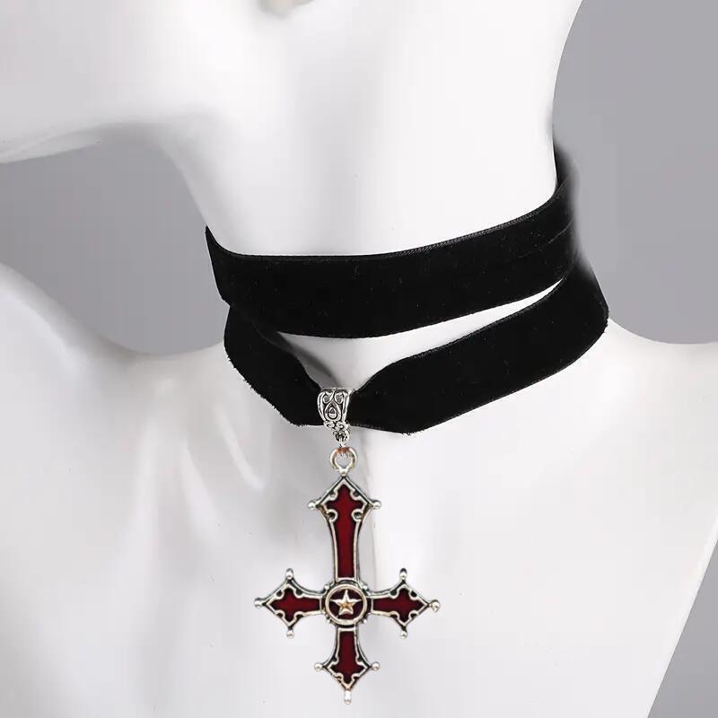 Gothic Style Vintage Velvet Coffin Cross Pendant With Cherry Elements For Halloween Decor