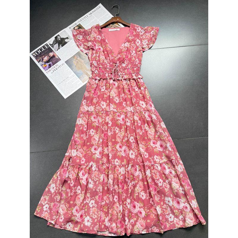 

Export French Pastoral Style V-neck Flounce High Waist A- line Big Hem Dress Chiffon Length Dress Pink Camellia (flawed silk) S