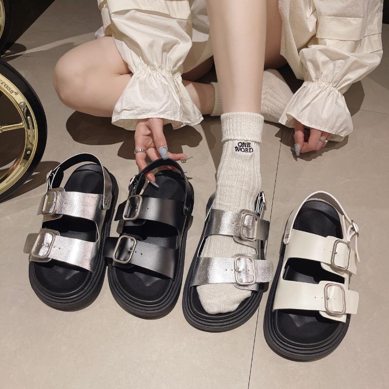 One-word Buckle with Silver Sandals Women's New Summer Beach Versatile Thick-soled Cool Slippers