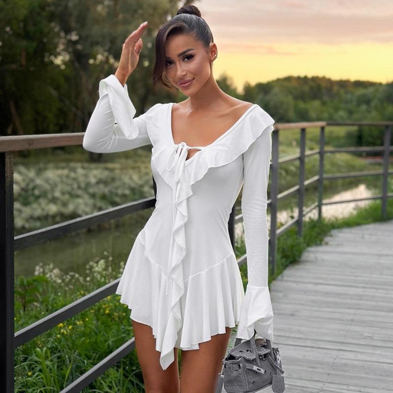Fashion Sexy Big V Neck Irregular Mini Short Dress Ruffle Edge Flared Long Sleeve Slim Fit Evening Party Dress Streetwear Solid Color Women's Clothing