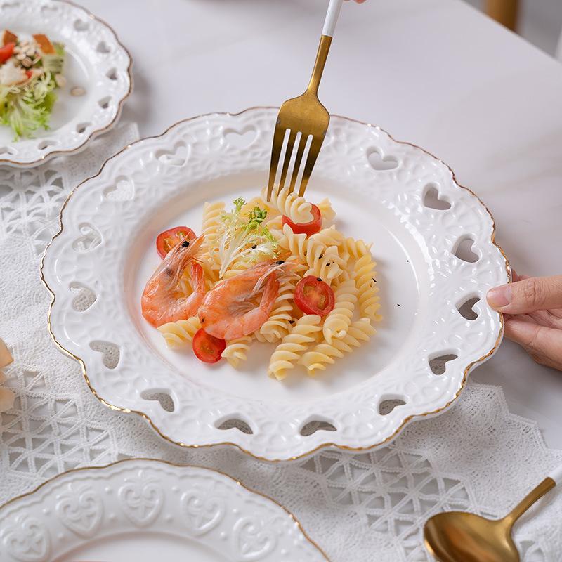 European-style Embossed Tableware with Gold Edges Household Ceramic Dishes Western Dishes Dessert Dishes Jewelry Set Plate