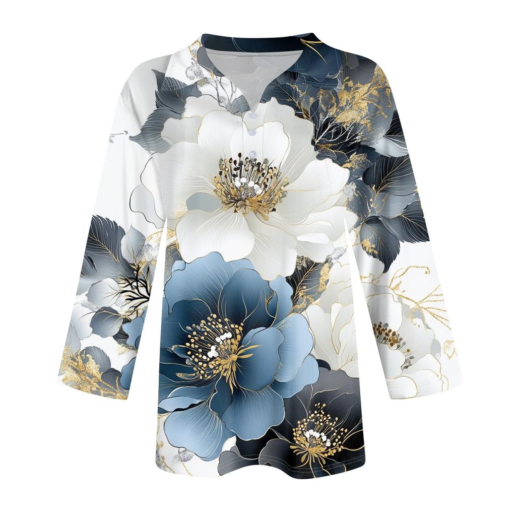 Women's Fashion Casual Lapel 3/4 Sleeve Print Shirt Women's Button Up Tops