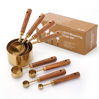 4/8Pcs Golden Measuring Cup Set and Measuring Spoon Golden with Aromatic Wood Handle Full Set of Measuring Cups and Spoons