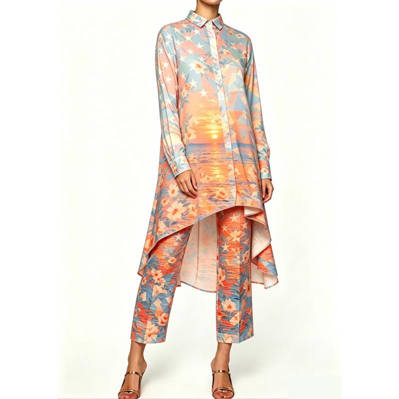 Summer new sunset seascape floral print irregular lapel long-sleeved shirt nine-point pants women's casual suit