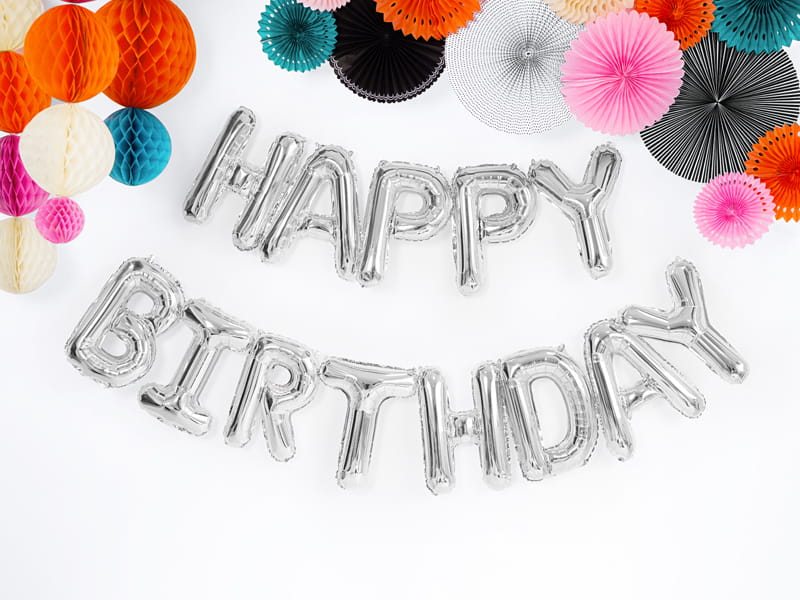 Silberner Happy Birthday Folienballon 340 x 35 cm