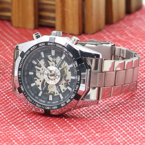 Men's Hollow Skeleton Dial Automatic Mechanical Stainless Steel Band Wrist Watch