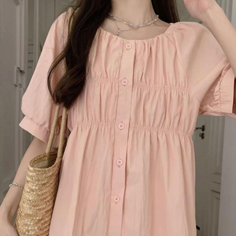 

Летняя Французская Универсальная Однотонная Футболка с Круглым Вырезом и Короткими Рукавами Рукава-Буфы Плиссированная Свободного Кроя Женская S розовый