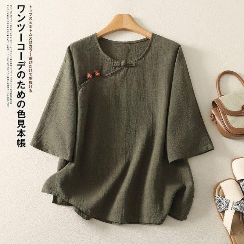 Women Chinese Style Frog Button Round Neck Three Quarter Sleeve Linen Cotton Blend Blouse M