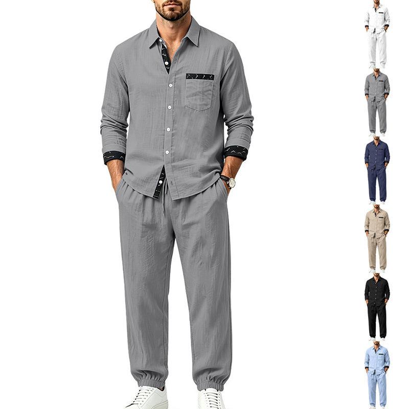 Men's 2‑Piece Linen‑Blend Set, Long‑Sleeve Button Shirt with Contrast Pattern Trim & Chest Pocket, Drawstring Jogger Pants Breathable Casual Outfit