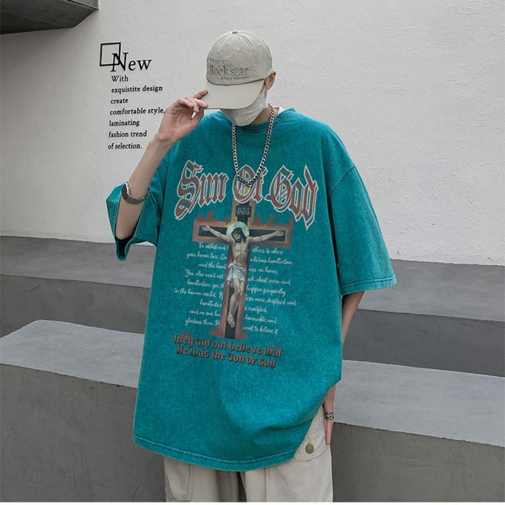 100 % bomull Acid Washed Vintage Kortärmad T-shirt Framtryck Streetwear HipHop Harajuku Oversized T-shirts