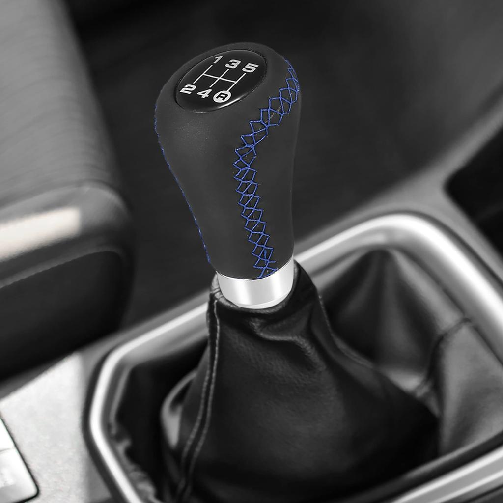 uxcell Gear Shift PU Blue Universal 5-Speed Knob, Black, 1pc, Auto/Manual Compatible, Leather, Stitch,