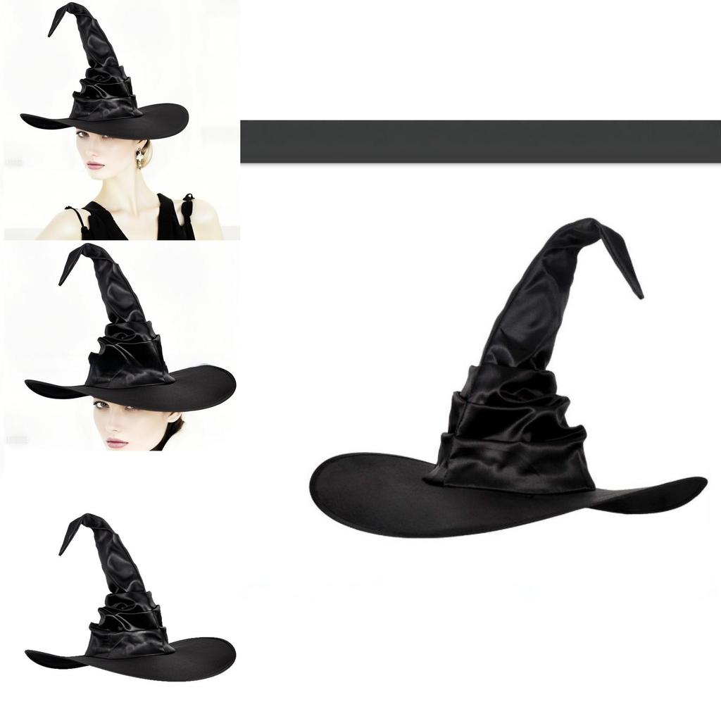Black Curved Hook Design Witch Hat With Ruffled Style For Halloween Events