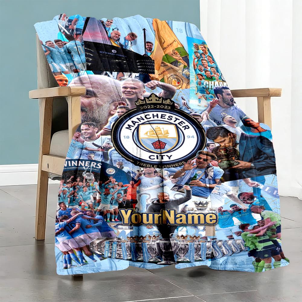 Manchester City Personalized Name Blanket Multi-purpose Customizable Blanket Soft Warm Cozy Perfect for Seaside Bed Home Decor Office Chair