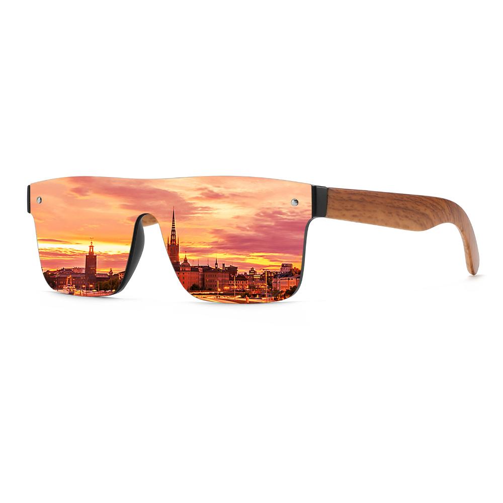 Polarized Sun Glasses Flat Top Square Frame Luxury Wood Grain Temples Women Eyeglasses Retro Square UV400 Outdoor Goggles