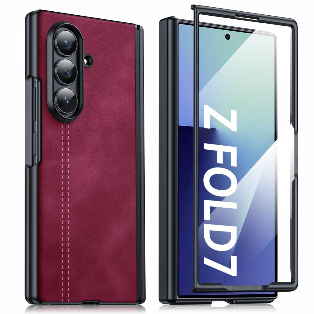 Leather Protective Case with Hinge Protection and Built-in Screen Protector for Samsung Galaxy Z Fold 7-Black