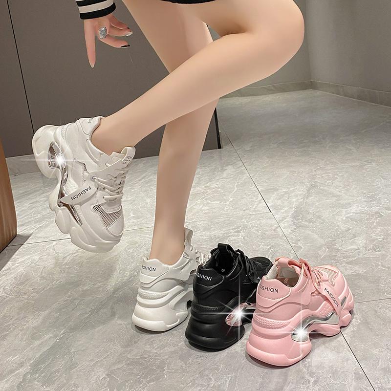 Summer Spring Women Lace-up Chunky Sneakers White Black 8CM High Platform Leather Shoes Breathable Casual Sport Dad Shoes