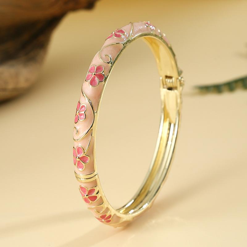 Flower Pattern Enamel Cloisonne Bracelet For Women Retro Gold Color Plated Bangles for Girls Women Jewelry Gifts