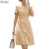 ZANZEA Vestido Casual Feminino de Verão com Decote em V e Manga Curta