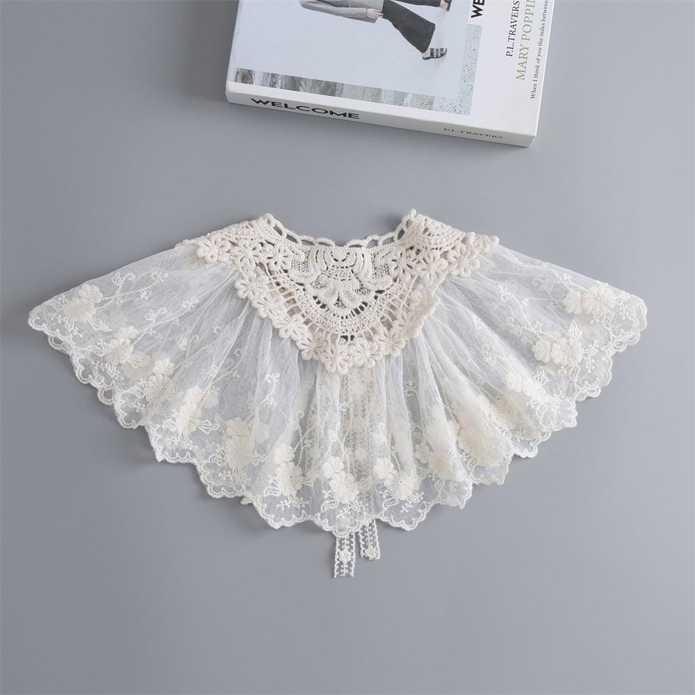 Elegant Embroidery False Collar Detachable Bowknot Lace-Up Scarf Floral Lace Chiffon Pleated Collar Women