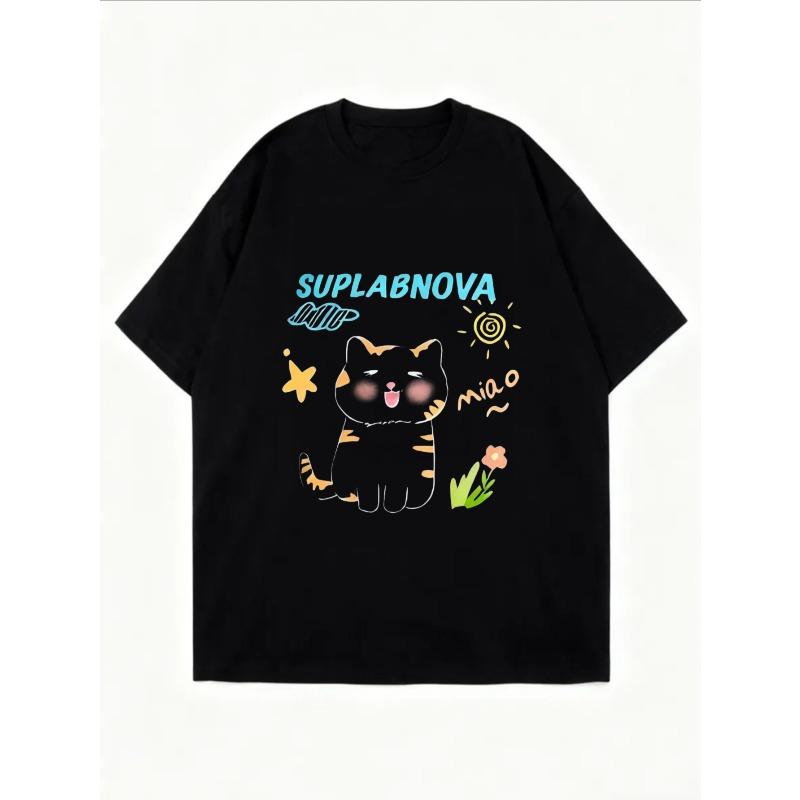 White Oversized T-Shirt With Cat And Suplabnova Print For Casual Wear