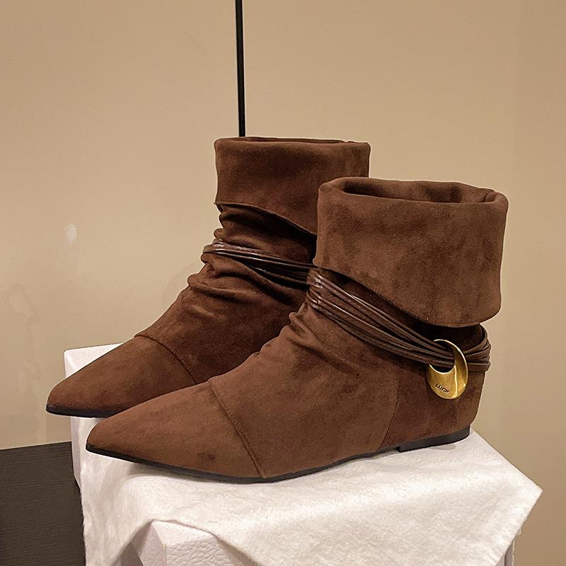 

Корейская версия замшевых ботильонов с острым носком для женской коллекции осень-зима 2025, новые завышенные плиссированные двухсторонние нишевые древние западные ботильоны со складками 40 коричневый
