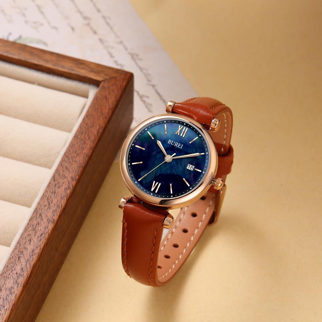 BUREI Women's Quartz Analog Watch with Leather Strap, Slim Fit, Stylish, Waterproof, Cute, Simple, and Lightweight. Perfect for Casual, Business,