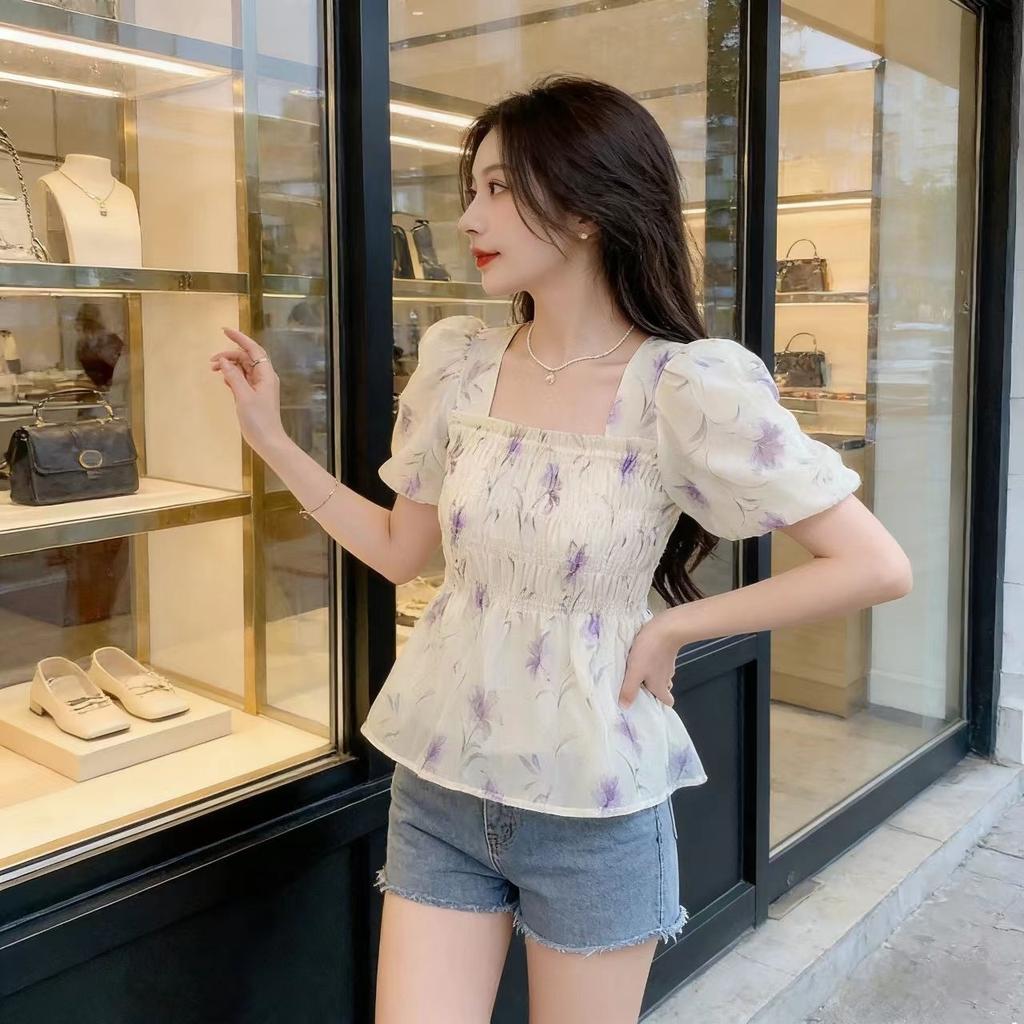 Princess short square collar coffee break light color new flared sleeves slim slim and sweet French casual short-sleeved top women