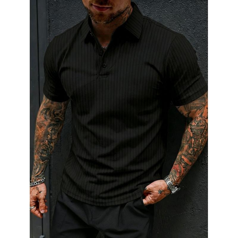 Men's Summer High-Elasticity Ribbed Fitness Sports Casual Fashion Knitted Short-Sleeve Polo Shirt