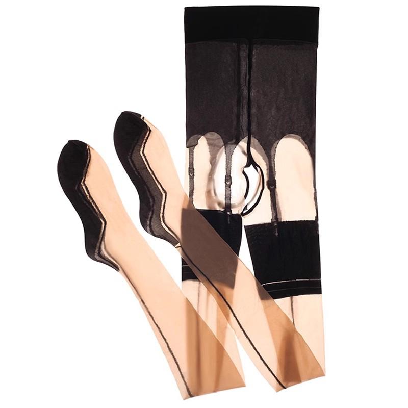 Simulation Collocation Hose Garter Belt With Stockings Oil Shiny Stretchy Nylon Pantyhose Women Sexy Open Crotch Tights