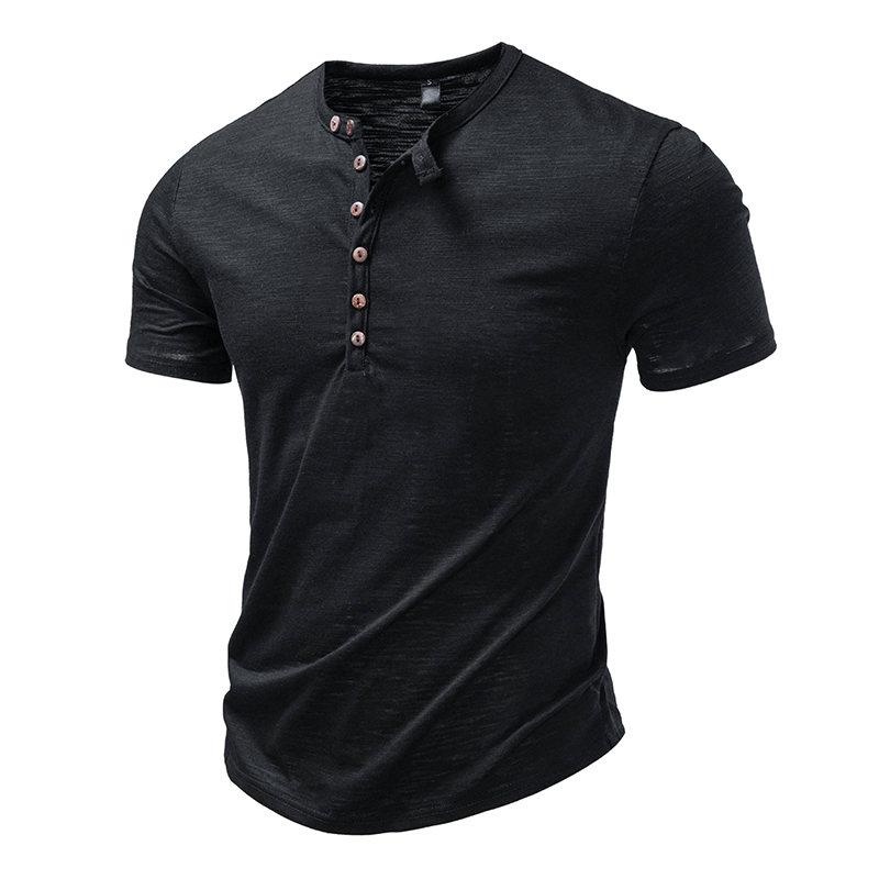 New Design Men's Summer Solid Color T-Shirts Bamboo-Handled Henry Collar Casual Button Short Sleeve Top Tees Hip Hop Streetwears
