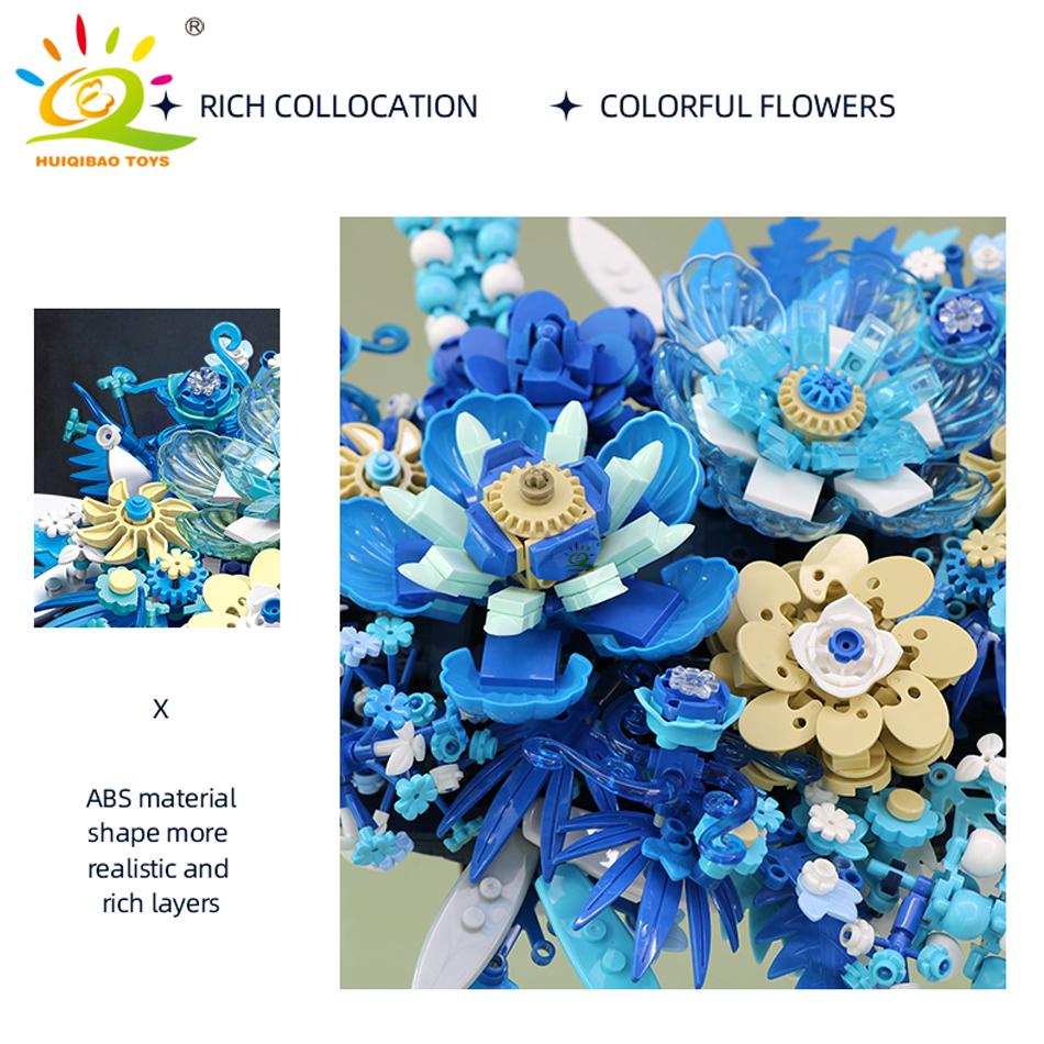 Non-Toxic 917Pcs Moc Blue Flower Model Building Blocks 3D Flores Bouquet Potted Plants Bricks Kits Children Diy Toy Home Decor