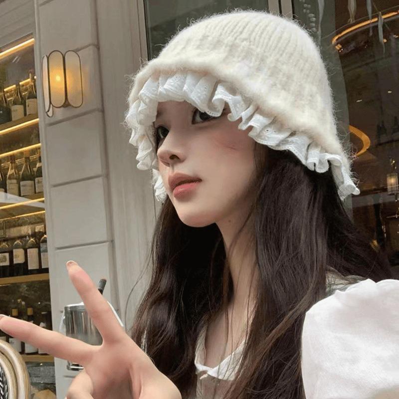 Lace Lace Knitted Bucket Hat Women Autumn and Winter Small Face Wool Hat Big Head Circumference Plush Hat Winter