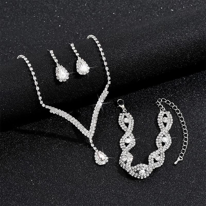 1Set Luxury Exquisite Rhinestone Bride Jewelry Set For Women Girls Fashion Simple Water Drop Earrings Necklace Bracelet Gifts