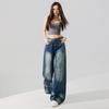 Spring Summer Fashion Rhinestone Cat Whisker Accent Low Waist Relaxed Wide Leg Trendy Denim Pants Women Casual Pants Oversize Denim Trousers