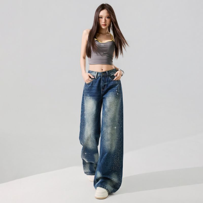Spring Summer Fashion Rhinestone Cat Whisker Accent Low Waist Relaxed Wide Leg Trendy Denim Pants Women Casual Pants Oversize Denim Trousers