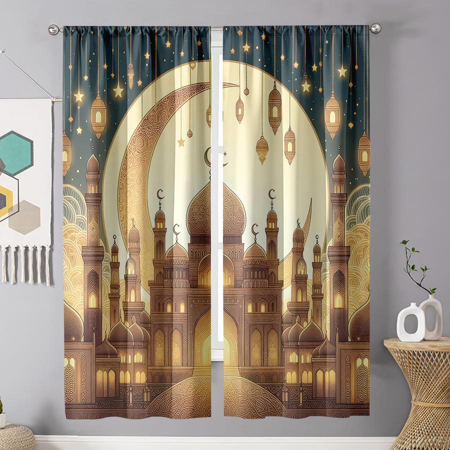 2pcs Gilded Mosque & Lantern Curtains   Perfect for Ramadan/Eid Window Decor   Opulent Home Living Room Bedroom Decor