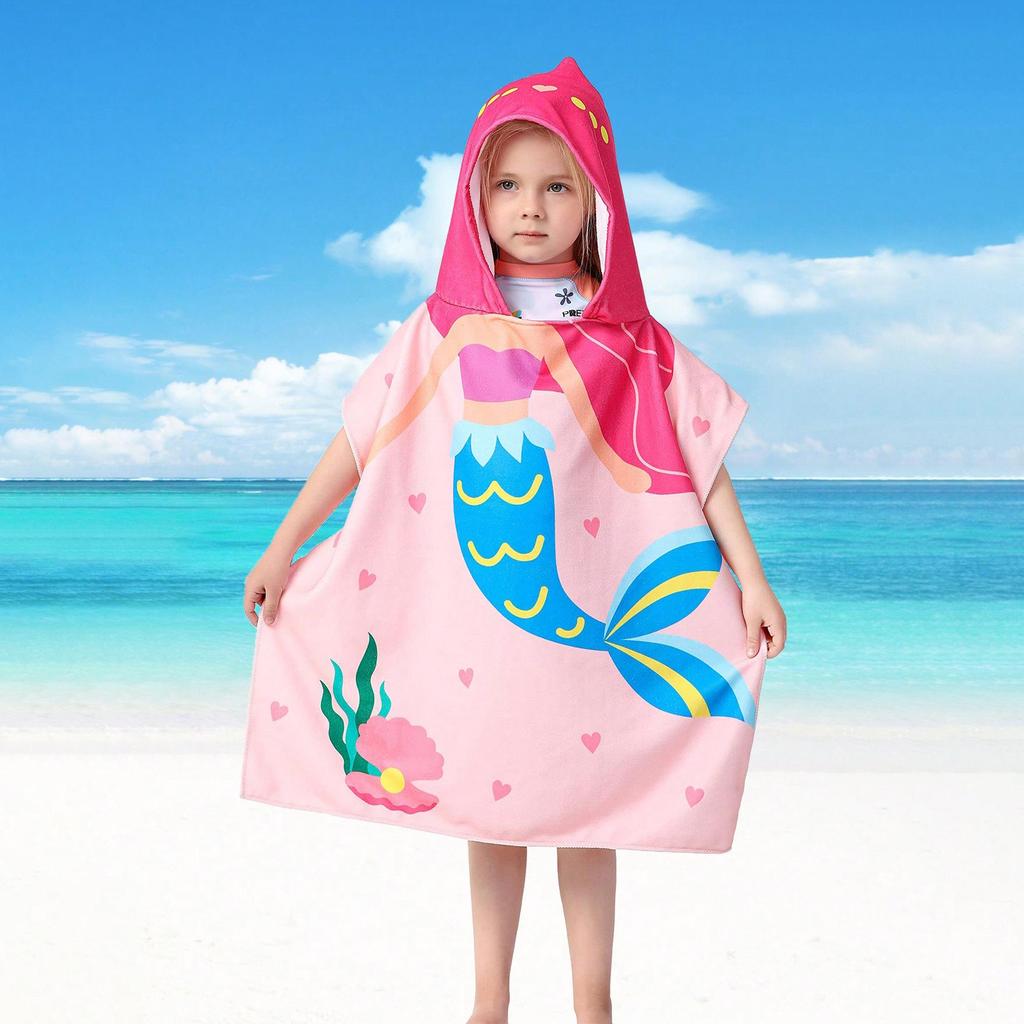 Ultra-Fine Fiber Cartoon Print Kids' Hooded Bath Towel Poncho