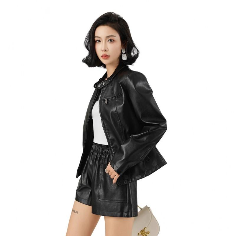 Womens Slim Fit PU Leather Jacket Urban Chic Office Wear Stand Collar Zipper Long Sleeve