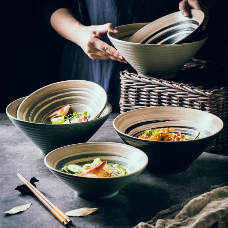 BEPAN Japanese Ramen Bowl Large Size Household Bowl and Plate Tableware Set Ceramic Bowl Ajisen Bowl Beef Noodle Soup Bowl